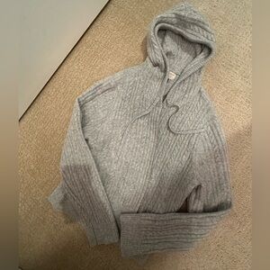 Gray Hooded Knit Zip Up Crop Sweater